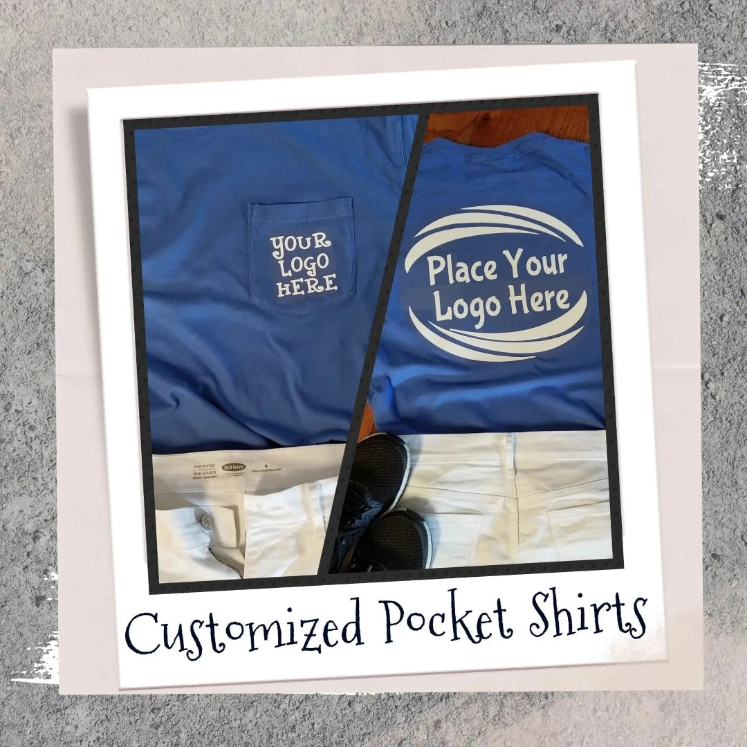 High-quality Customized Comfort Color Pocket T-Shirt with personalized front and back pocket printing, perfect for branding, team wear, and unique gifts.