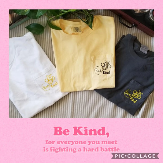 Bee Kind Comfort Color Pocket Shirt – soft and breathable inspirational bee shirt with a stylish pocket design.