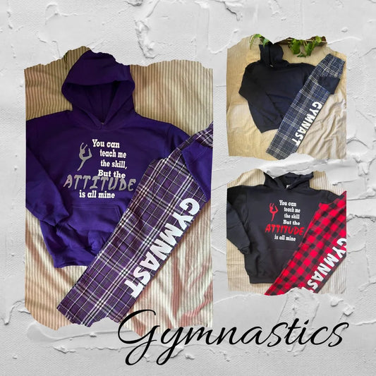 Cozy gymnastics hoodie sweatshirt and flannel pants set – perfect for gymnasts and sports lovers.