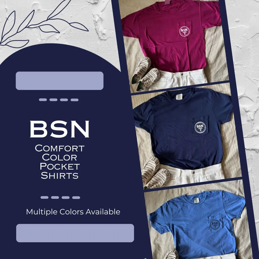 Soft and stylish BSN Nurse Comfort Color Pocket Shirt – a perfect gift for nurses and BSN graduates, customizable with logos or names.

