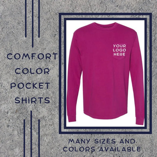 Soft and stylish Comfort Color long sleeve pocket shirt with custom front printing – perfect for logos, monograms, and personalized designs.