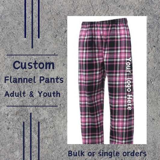 Soft and stylish Customized Flannel Pants in adult and youth sizes, ideal for individual or bulk orders for teams, schools, and corporate branding.