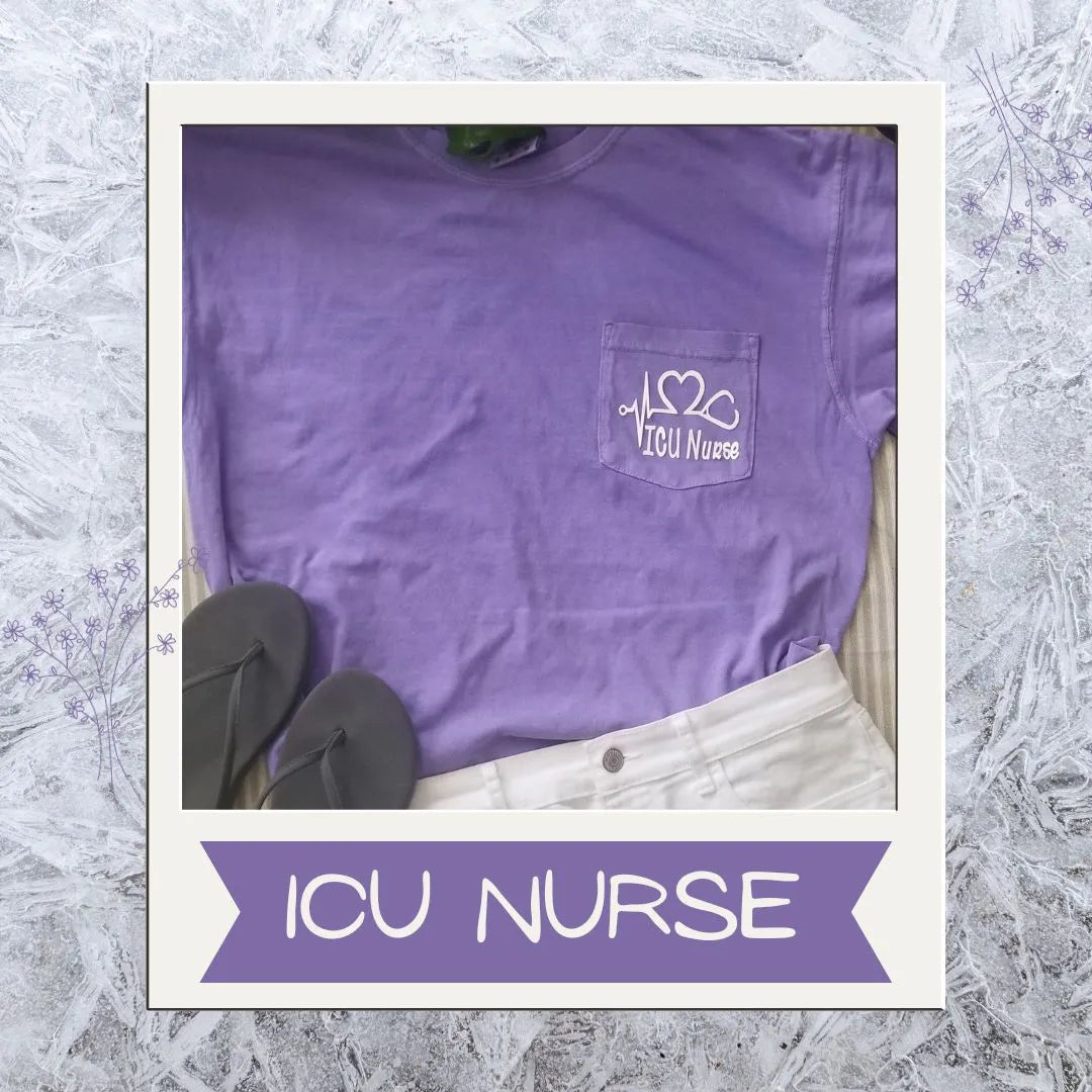 Soft and stylish Customized ICU Nurse Comfort Color Pocket Shirt, a perfect personalized gift for ICU nurses and medical professionals.