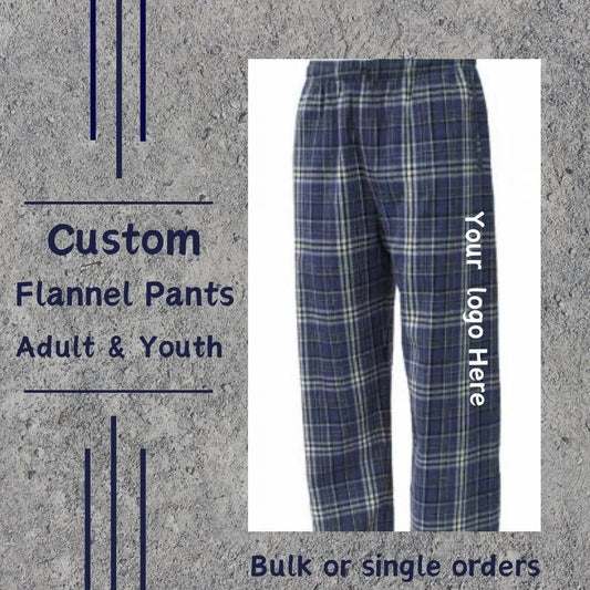 Soft and stylish Personalized Adult & Youth Flannel Pants, perfect for individual or bulk orders for teams, schools, and corporate branding.

