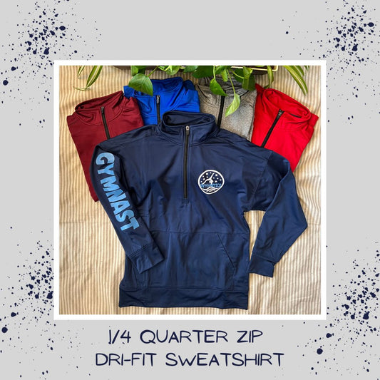 Stylish and Gymnastics Quarter Zip Dri-Fit Youth Sweatshirt, perfect for gymnastics training, warm-ups, and personalized team gifts.
